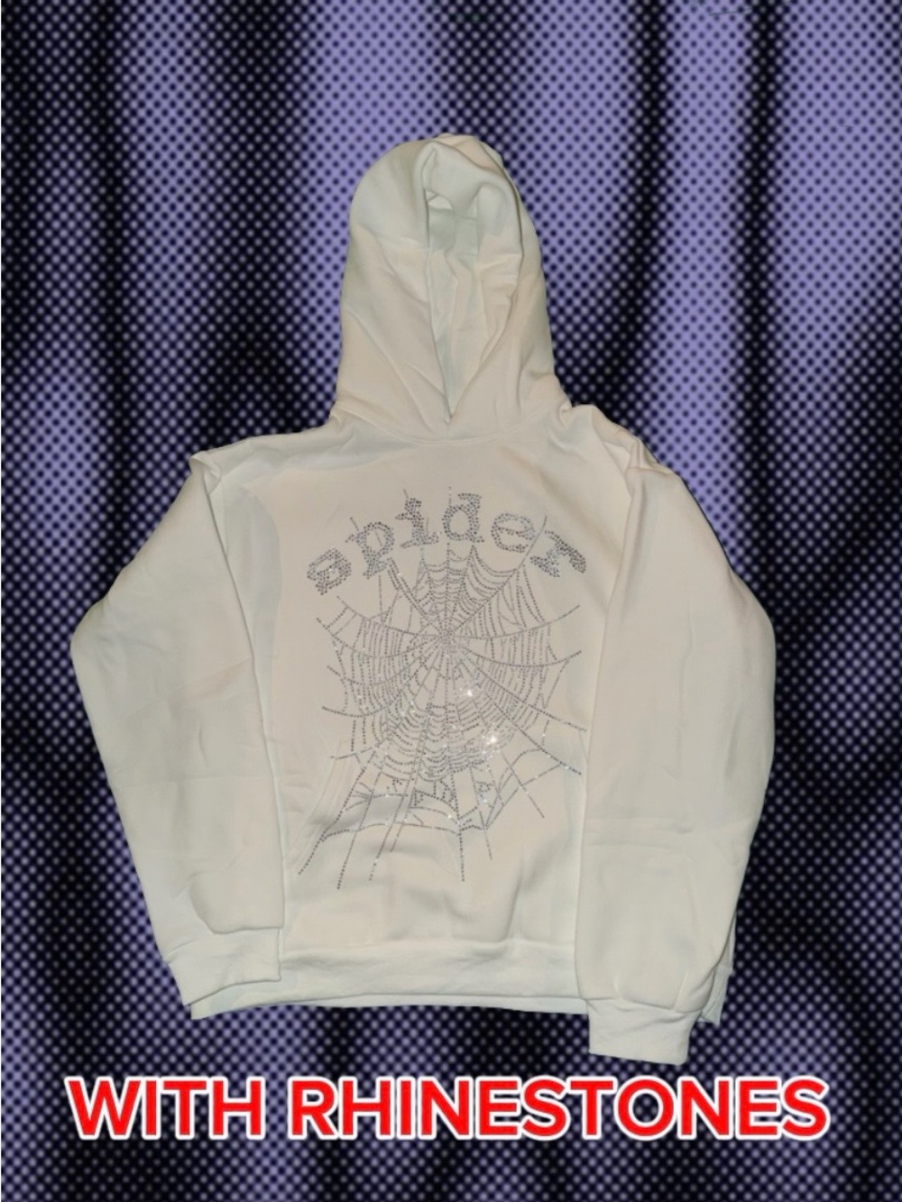 White Rhinestone Spider Web Crewneck Hoodie for Men
